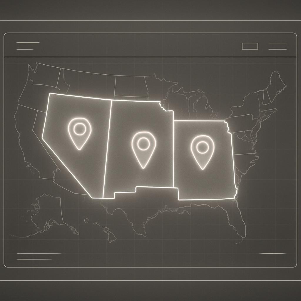 Three highlighted states on the US map, constituting the contiguous United States.